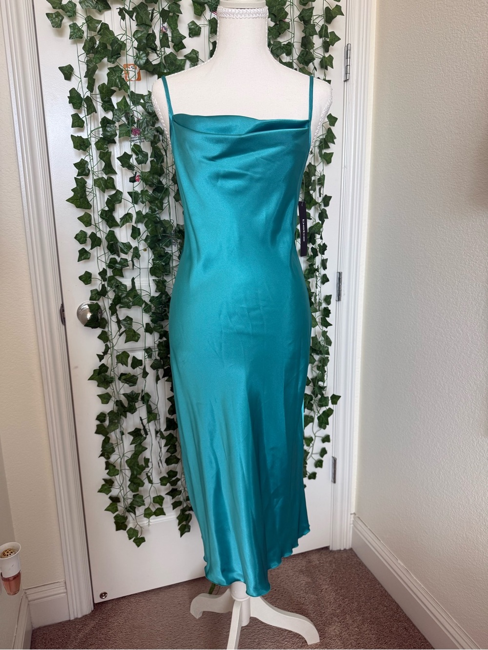 bebe Teal Satin Cowl Midi Slip Dress